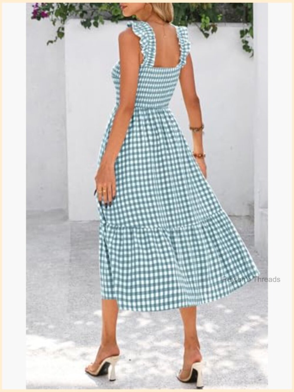 Women's Summer Dress Square Neck Ruffle Strap Gingham Smocked Midi Flowy A-Line - Picture 2 of 7